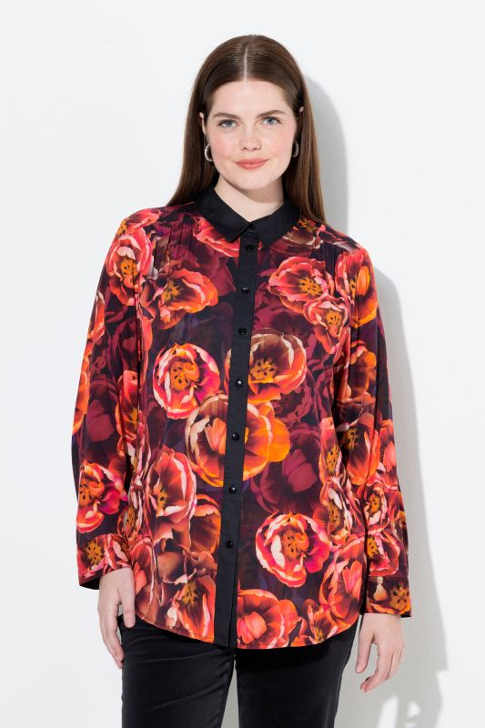 Chemisier motif roses, col chemise et manches longues