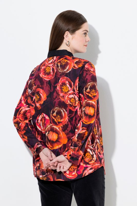 Chemisier motif roses, col chemise et manches longues