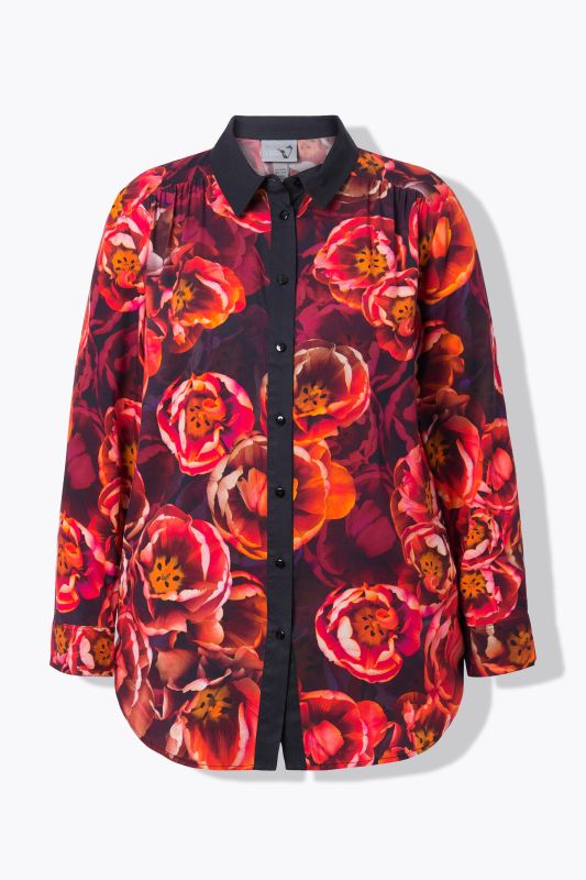 Chemisier motif roses, col chemise et manches longues