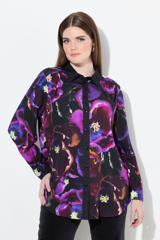 Chemisier motif roses, col chemise et manches longues