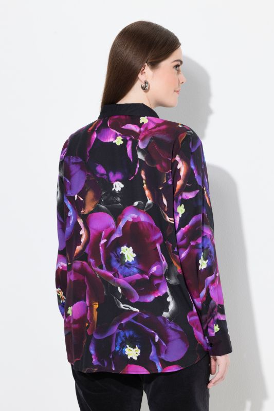 Chemisier motif roses, col chemise et manches longues