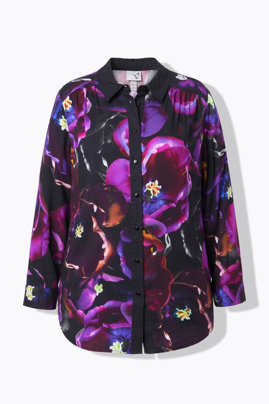 Chemisier motif roses, col chemise et manches longues