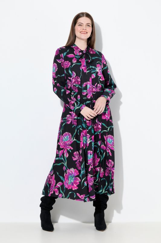 Robe maxi à manches longues, encolure en V et lavallière, coupe évasée