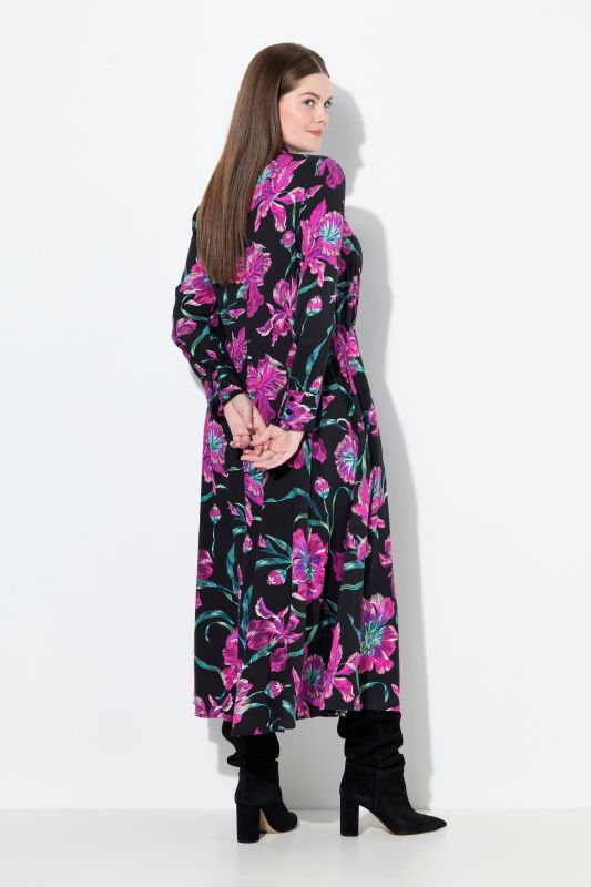 Robe maxi à manches longues, encolure en V et lavallière, coupe évasée