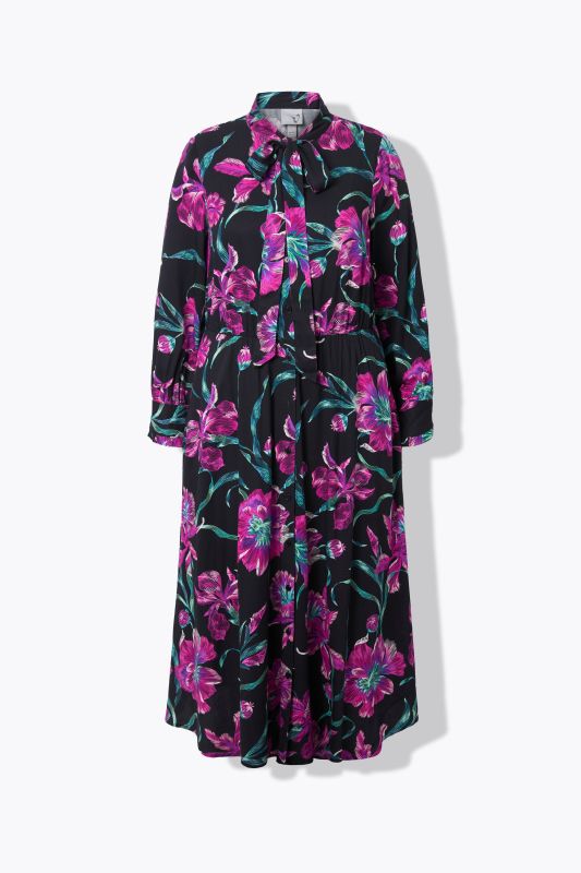 Robe maxi à manches longues, encolure en V et lavallière, coupe évasée