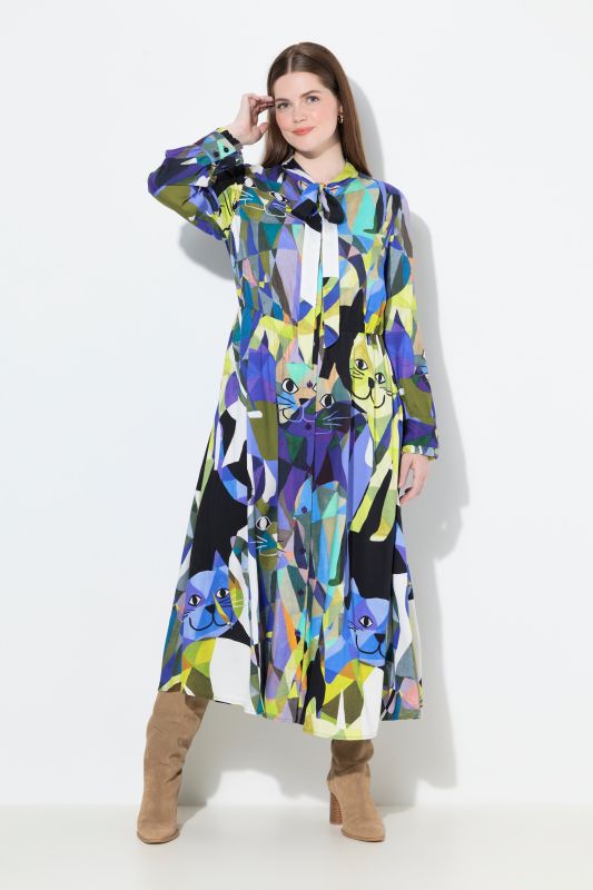 Robe maxi à manches longues, encolure en V et lavallière, coupe évasée