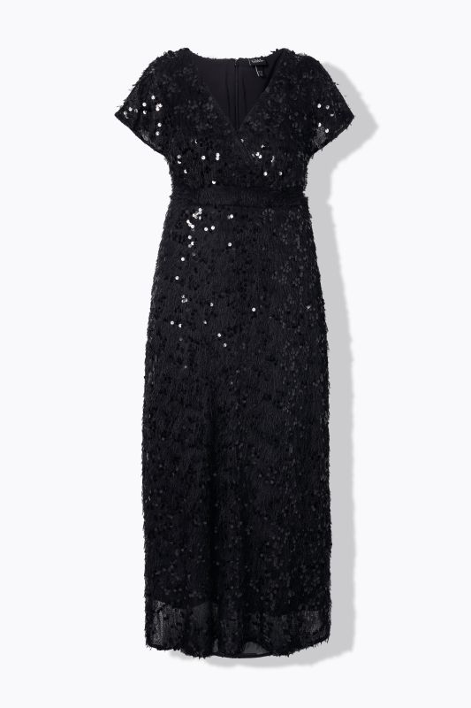 Robe de soirée avec franges et paillettes, manches courtes, décolleté en V