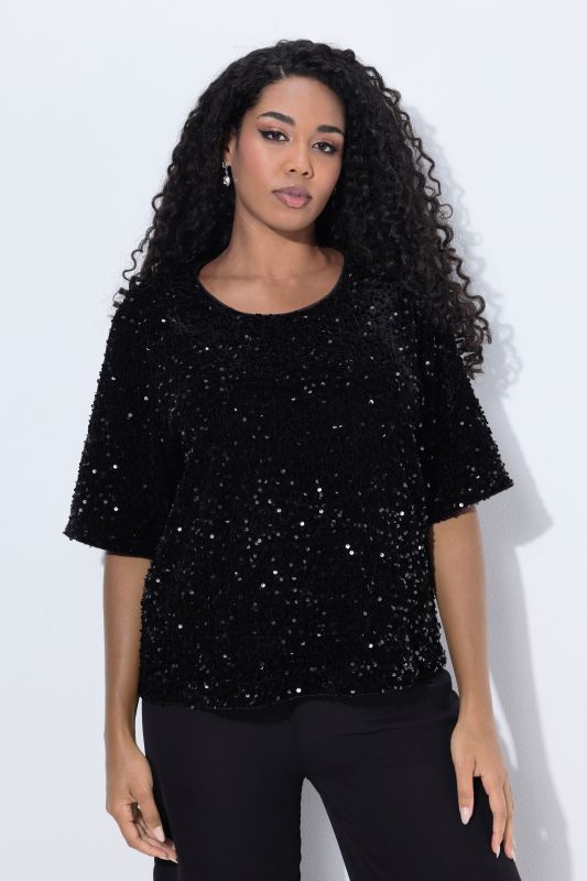 Blouse en velours à paillettes, col rond et manches courtes