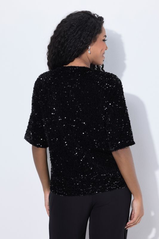 Blouse en velours à paillettes, col rond et manches courtes