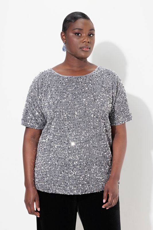 Blouse en velours à paillettes, col rond et manches courtes