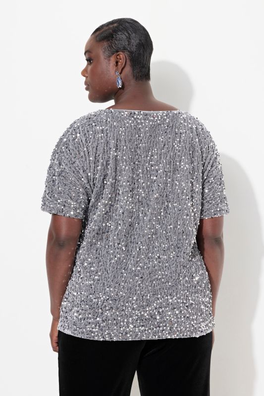 Blouse en velours à paillettes, col rond et manches courtes