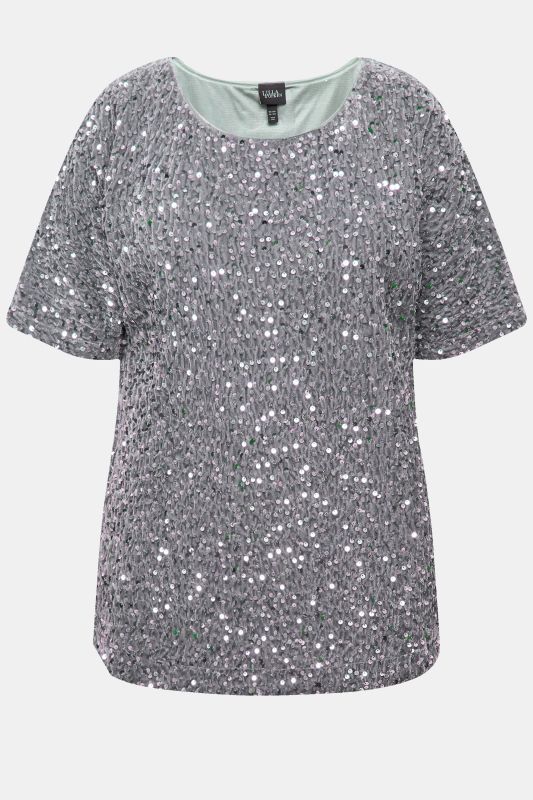 Blouse en velours à paillettes, col rond et manches courtes