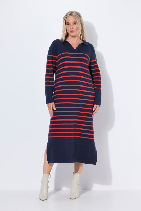 Robe midi en maille, col et encolure en V, manches longues et rayures