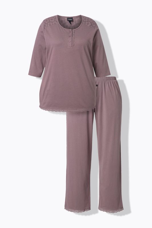 Pyjama à col rond et manches 3/4, broderie ajourée et pli décoratif
