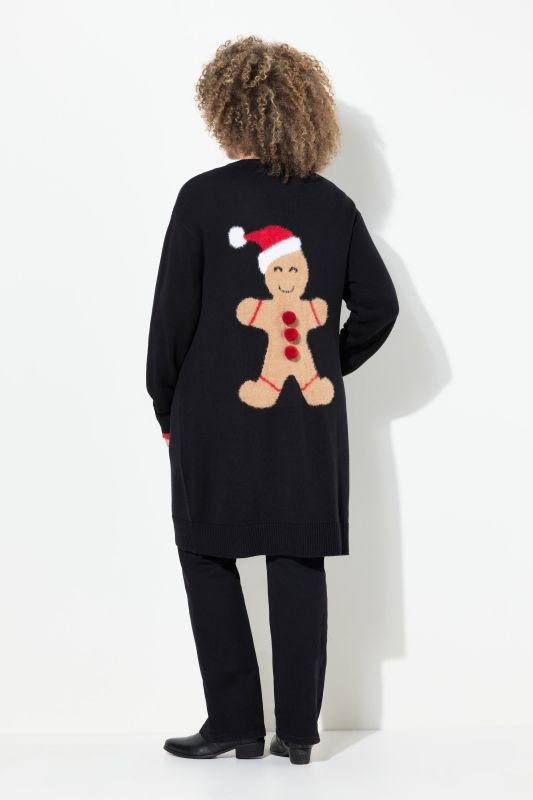 Cardigan ouvert à encolure en V, motif bonhomme en pain d'épices