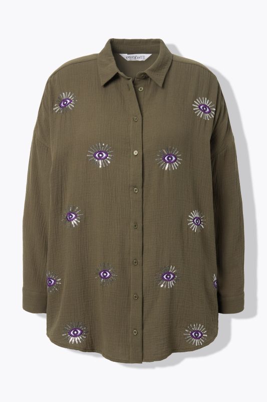 Chemisier oversize en mousseline. Broderie yeux