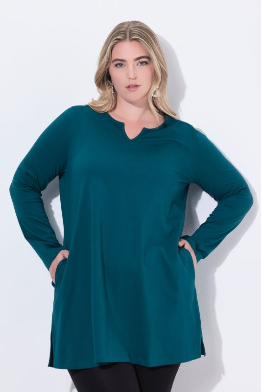 T-shirt long, col tunisien et manches longues, coupe évasée