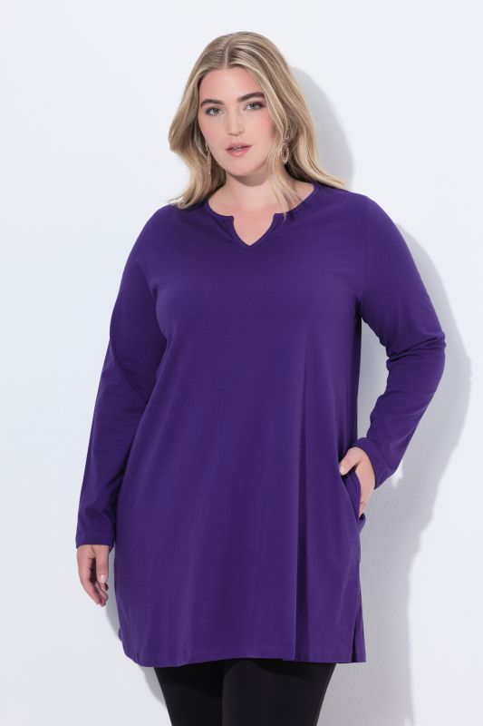 T-shirt long, col tunisien et manches longues, coupe évasée