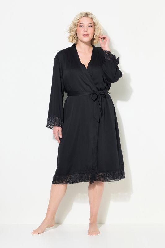 Robe de chambre, dentelle, ceinture à nouer et manches longues