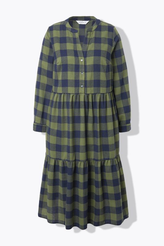 Robe midi à carreaux en flanelle. Manches longues et col tunisien