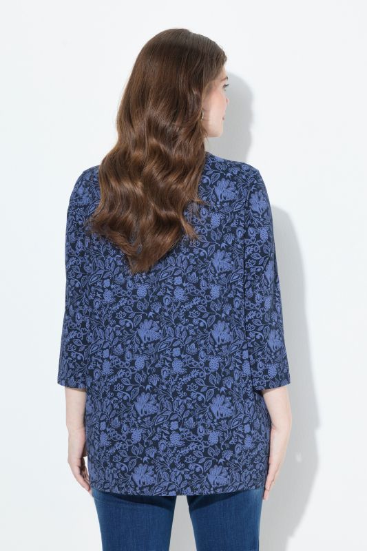 T-shirt à fleurs, décolleté rond et manches 3/4, coupe évasée