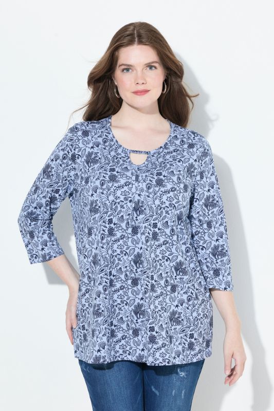 T-shirt à fleurs, décolleté rond et manches 3/4, coupe évasée