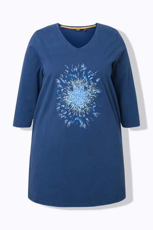 T-shirt motif pissenlit, décolleté en V et manches 3/4, coupe évasée