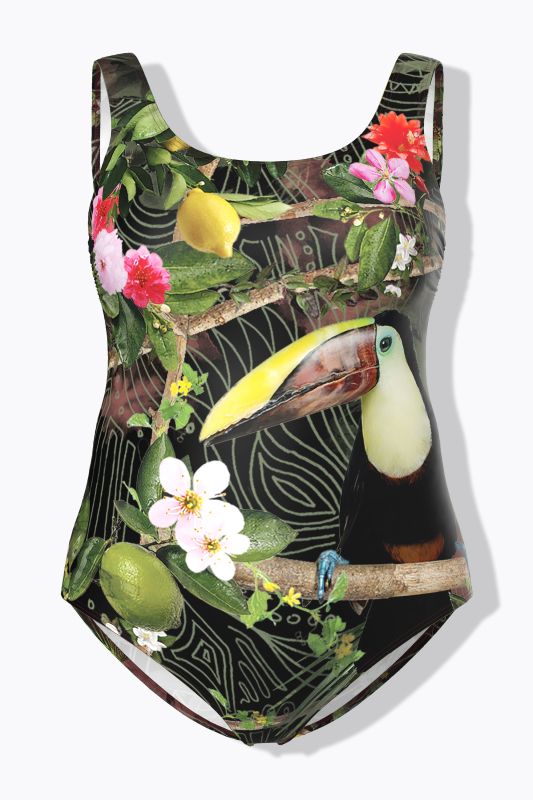Maillot de bain, motif toucan, sans bonnets souples, col rond