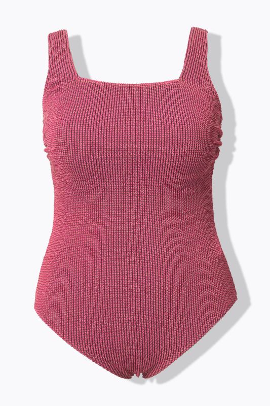 Maillot de bain, bonnets souples et décolleté carré, matière texturée petits carreaux