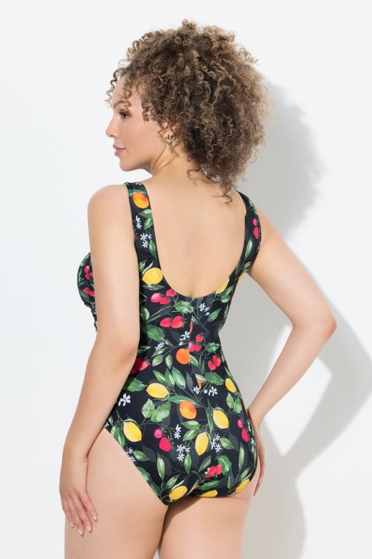 Maillot de bain, motif fruits, fronces, bonnets souples, matière recyclée
