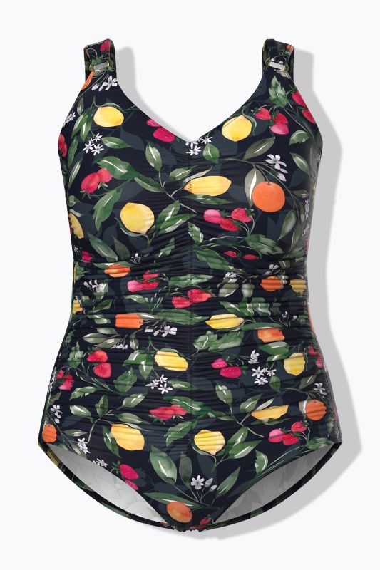 Maillot de bain, motif fruits, fronces, bonnets souples, matière recyclée