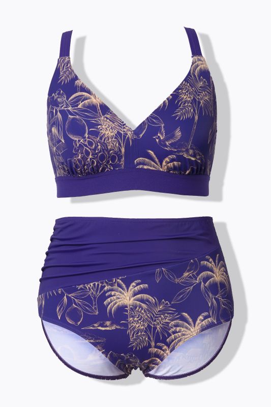 Bikini, motif palmiers, sans bonnets souples, bretelles réglables, matière recyclée