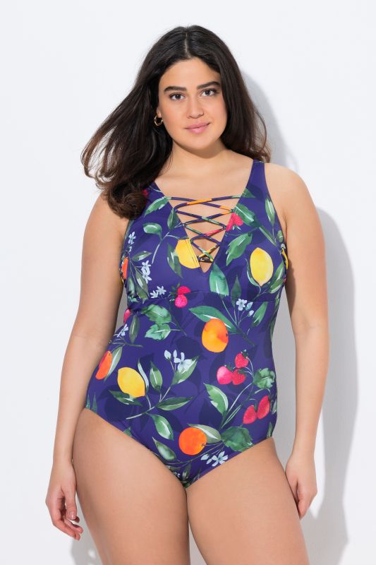 Maillot de bain, motif fruits, bonnets souples, laçage, matière recyclée