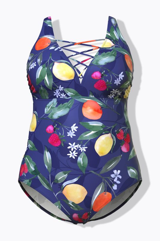 Maillot de bain, motif fruits, bonnets souples, laçage, matière recyclée