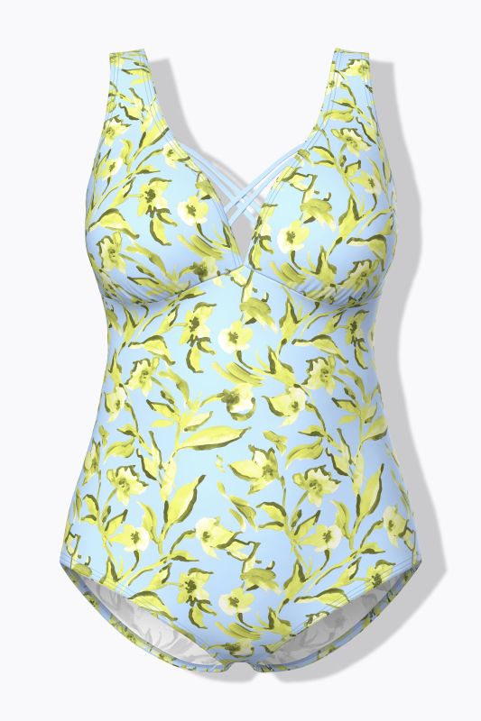 Maillot de bain à bonnets souples, cordons fantaisie et motif fleurs, matière recyclée