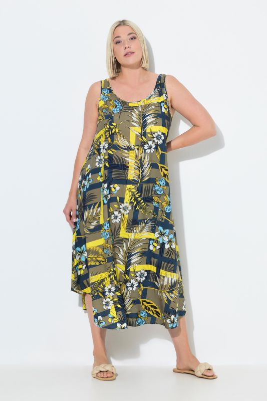 Robe midi sans manches, décolleté rond et coupe évasée, motif jungle