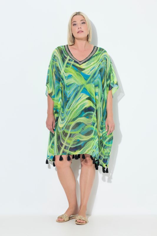 Tunique en mousseline, coupe oversize, décolleté en V et manches courtes, joli motif vagues