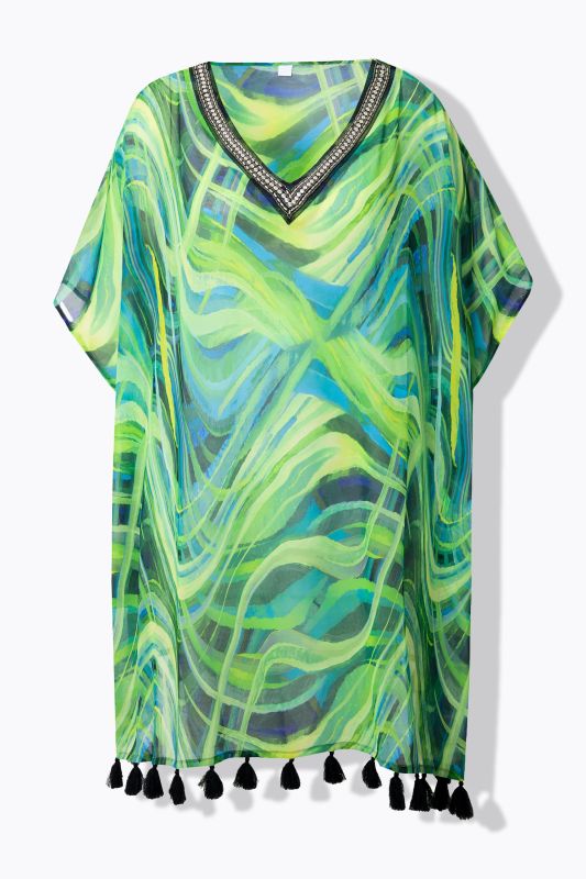 Tunique en mousseline, coupe oversize, décolleté en V et manches courtes, joli motif vagues