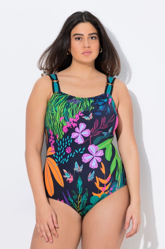 Maillot de bain, motif à fleurs, bretelles quadruples, bonnets souples, matière recyclée