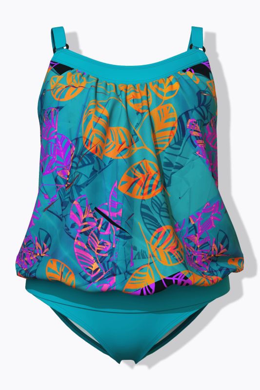 Tankini, motif feuilles, bonnets souples, bretelles réglables