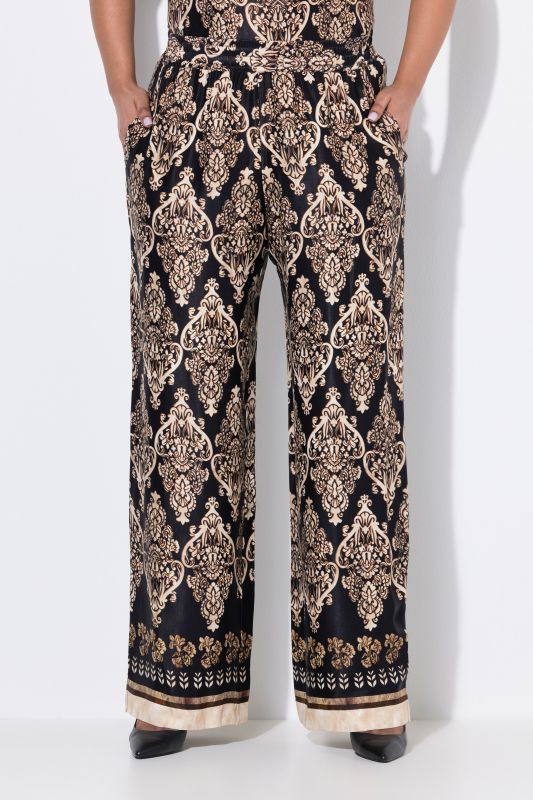 Pantalon en satin à taille élastique, jambe droite et large