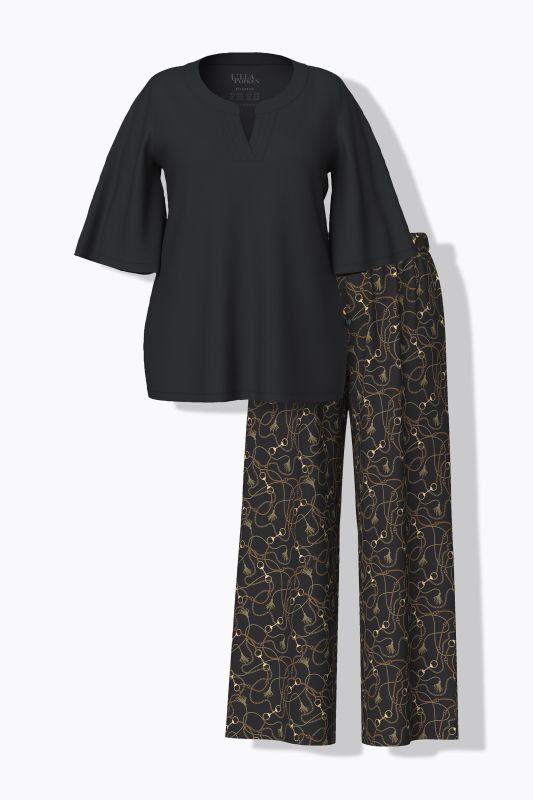 Pyjama deux pièces, T-shirt col tunisien et manches cloche courtes, pantalon imprimé chaînettes