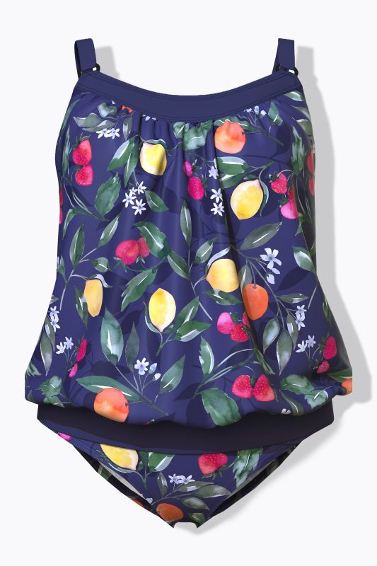 Tankini, motif fruits, bonnets souples, bretelles réglables, matière recyclée