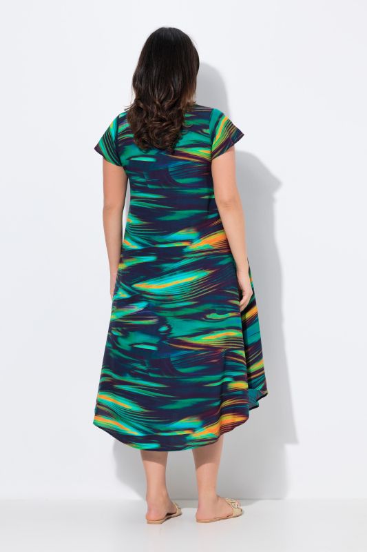 Robe midi, coupe évasée, col V, manches courtes