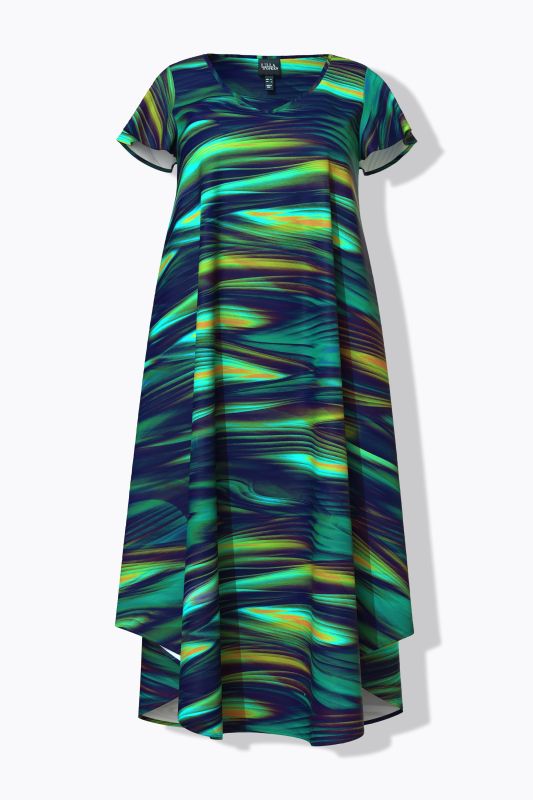 Robe midi, coupe évasée, col V, manches courtes