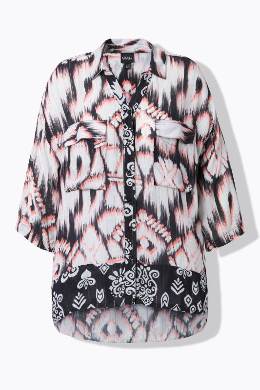 Tunique longue, col chemise, manches 3/4, plus longue dans le dos