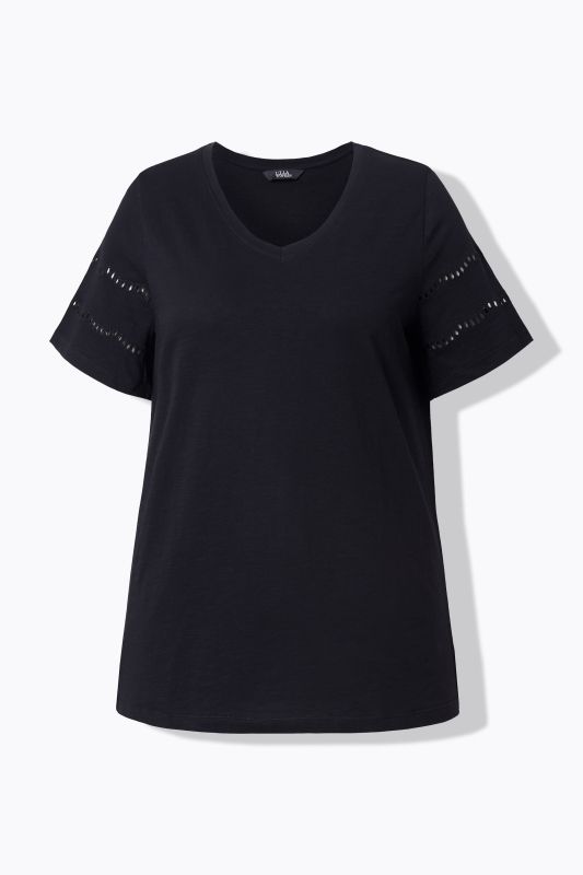 T-shirt, broderie ajourée, coupe évasée, col V, manches chauve-souris