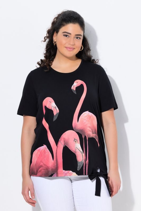 T-shirt, motif flamants roses, pierres fantaisie, col rond, manches courtes