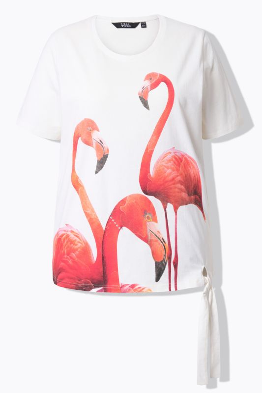 T-shirt, motif flamants roses, pierres fantaisie, col rond, manches courtes