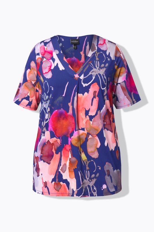T-shirt en tissu fluide, motif à fleurs, col en V, joli pli creux, manches courtes